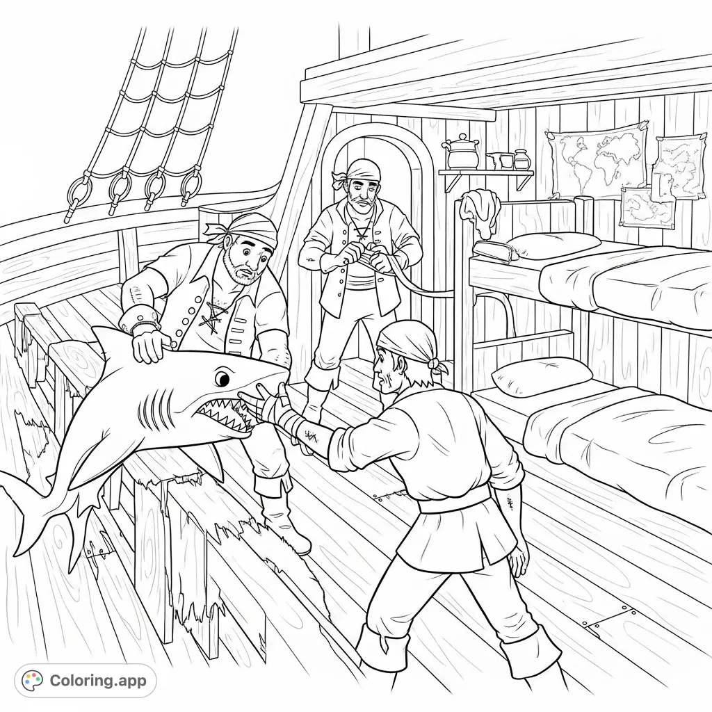 Experience a thrilling pirate shark encounter! A determined shark attacks a pirate on a splintered deck, leading to a dramatic rescue inside the ship's cluttered cabin.