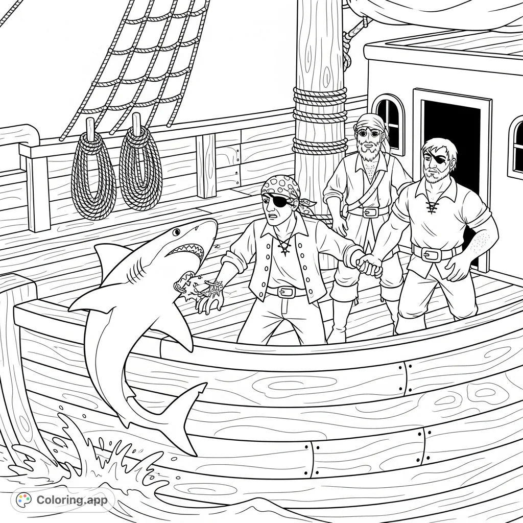 An adventurous pirate coloring page featuring a feisty shark surprising a pirate on a boat. Engage with this fun scene, perfect for coloring enthusiasts!