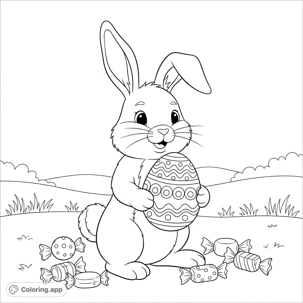 A joyous Easter bunny holds a decorated egg, surrounded by sweet treats. A perfect Easter bunny coloring page for spring celebrations and festive fun.