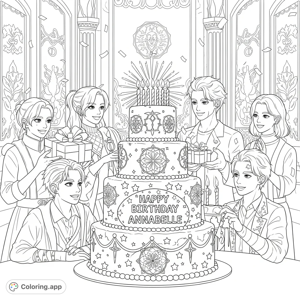 Join K-pop demon hunters celebrating Annabelle's birthday with a grand cake, gifts, and falling confetti in an opulent hall. A fun, detailed page for all ages.