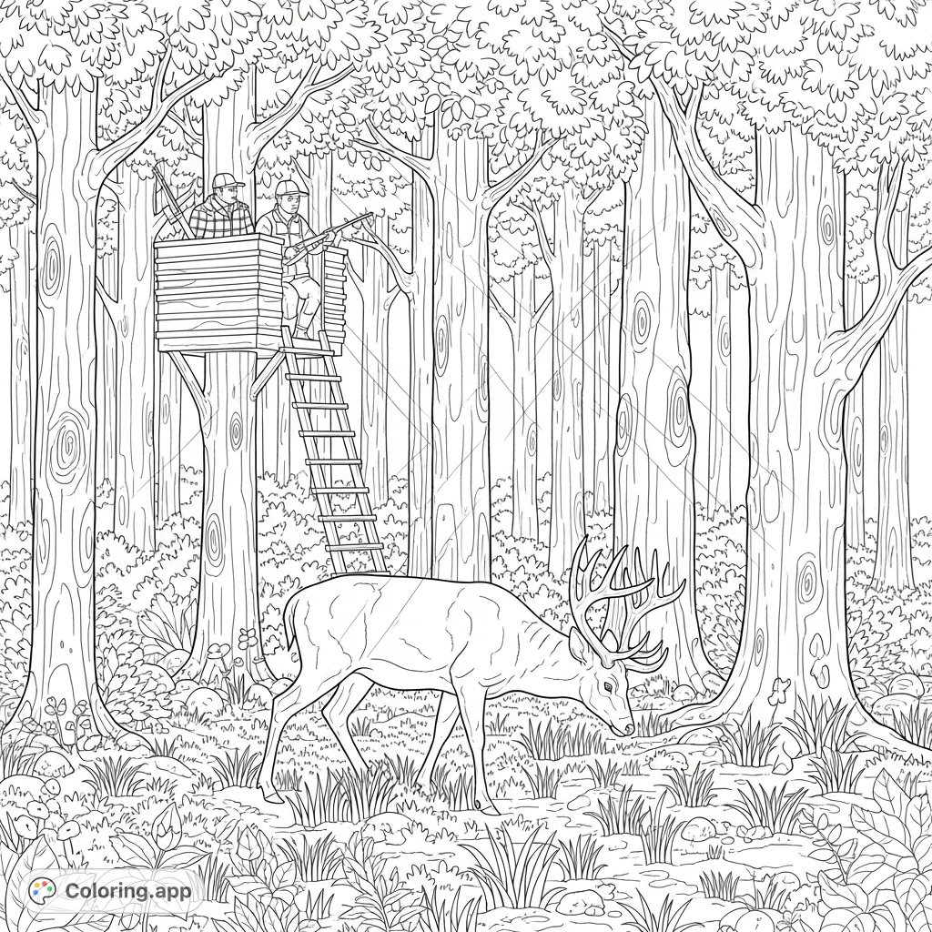 A detailed forest hunting scene with two hunters in a tree stand overlooking a majestic deer with large antlers grazing on the forest floor. Rich woodland environment.