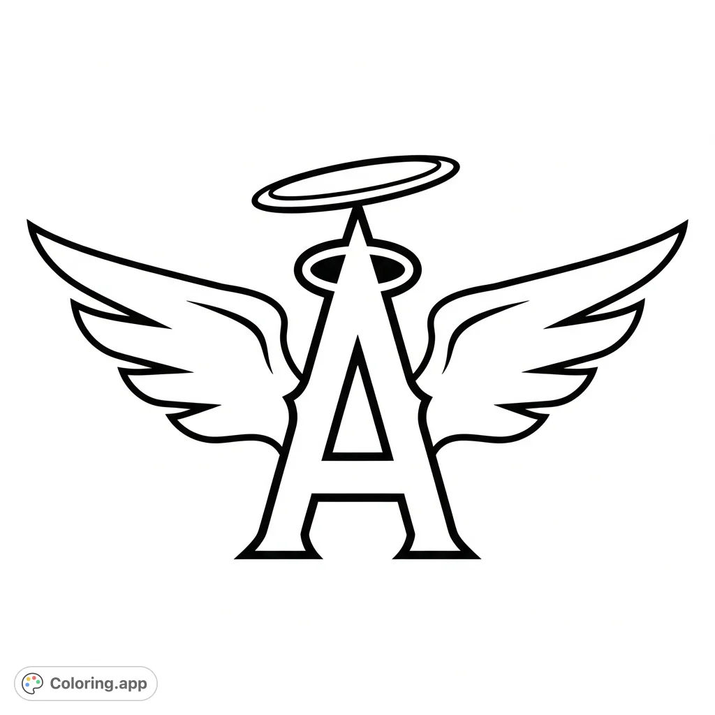 Color the iconic 1970s California Angels MLB logo! Features a bold 'A' with a halo and elegant wings, perfect for baseball fans and nostalgia.
