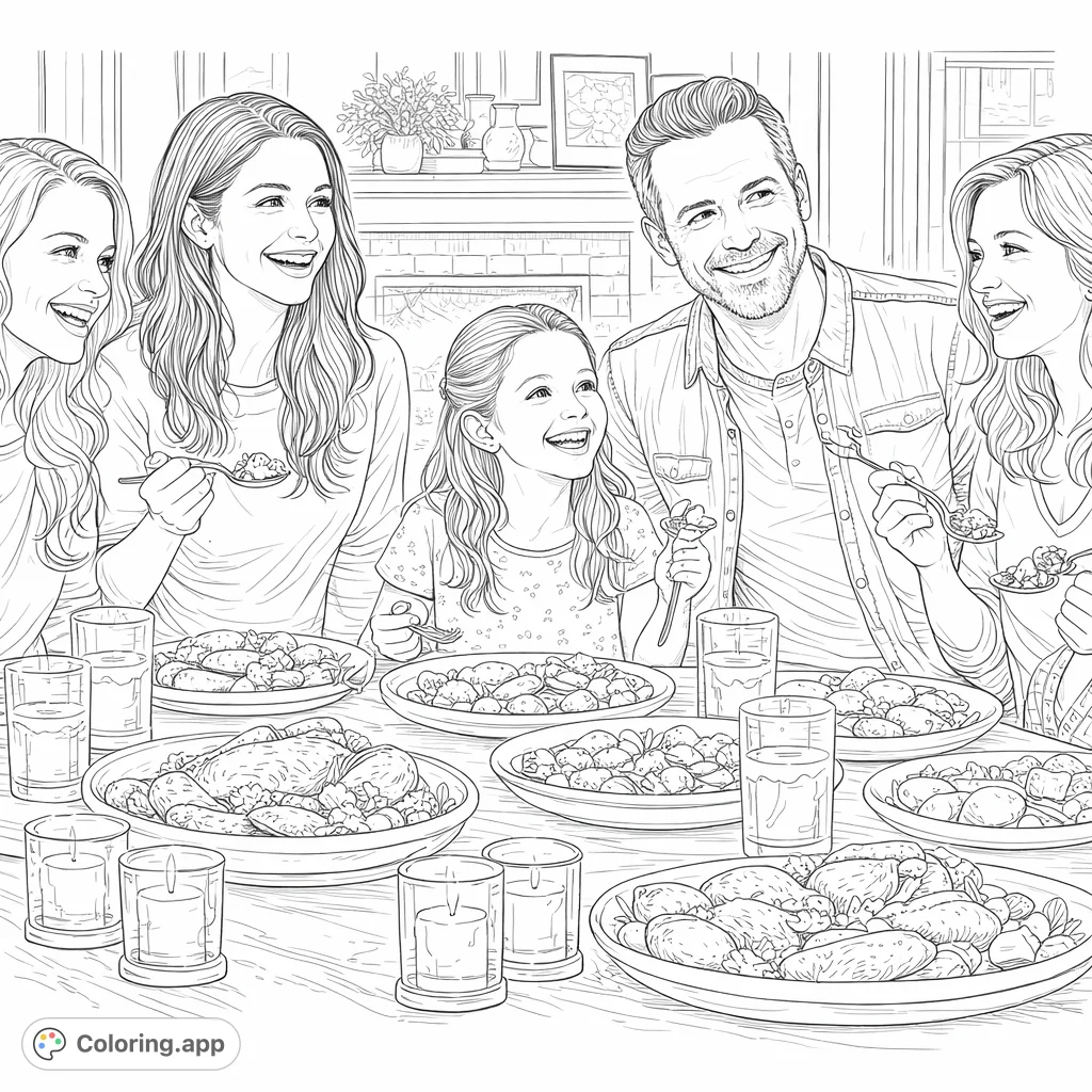 A heartwarming family dinner scene featuring smiling adults and children enjoying a bountiful meal together, complete with roasted dishes and fresh salads.