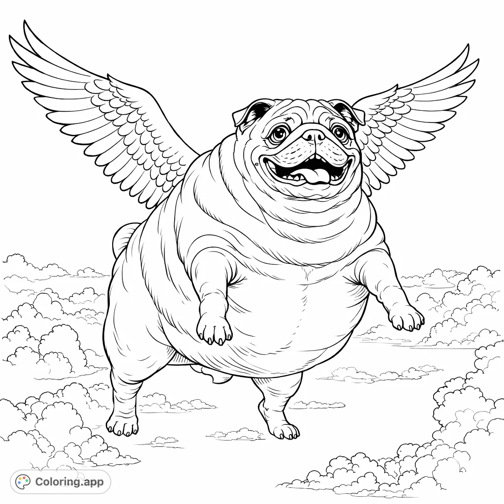 A whimsical pug with feathered wings soars through a sky filled with soft clouds, its face beaming with joy. A delightful animal-themed coloring page.