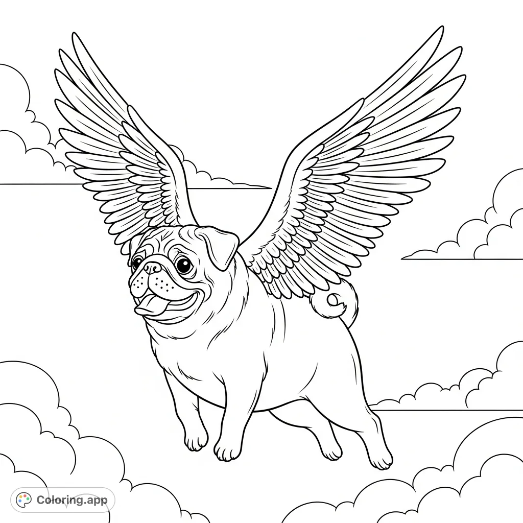 Discover a delightful flying pug, complete with charming wings and a joyful expression, soaring among fluffy clouds. A whimsical pug coloring page for all ages.