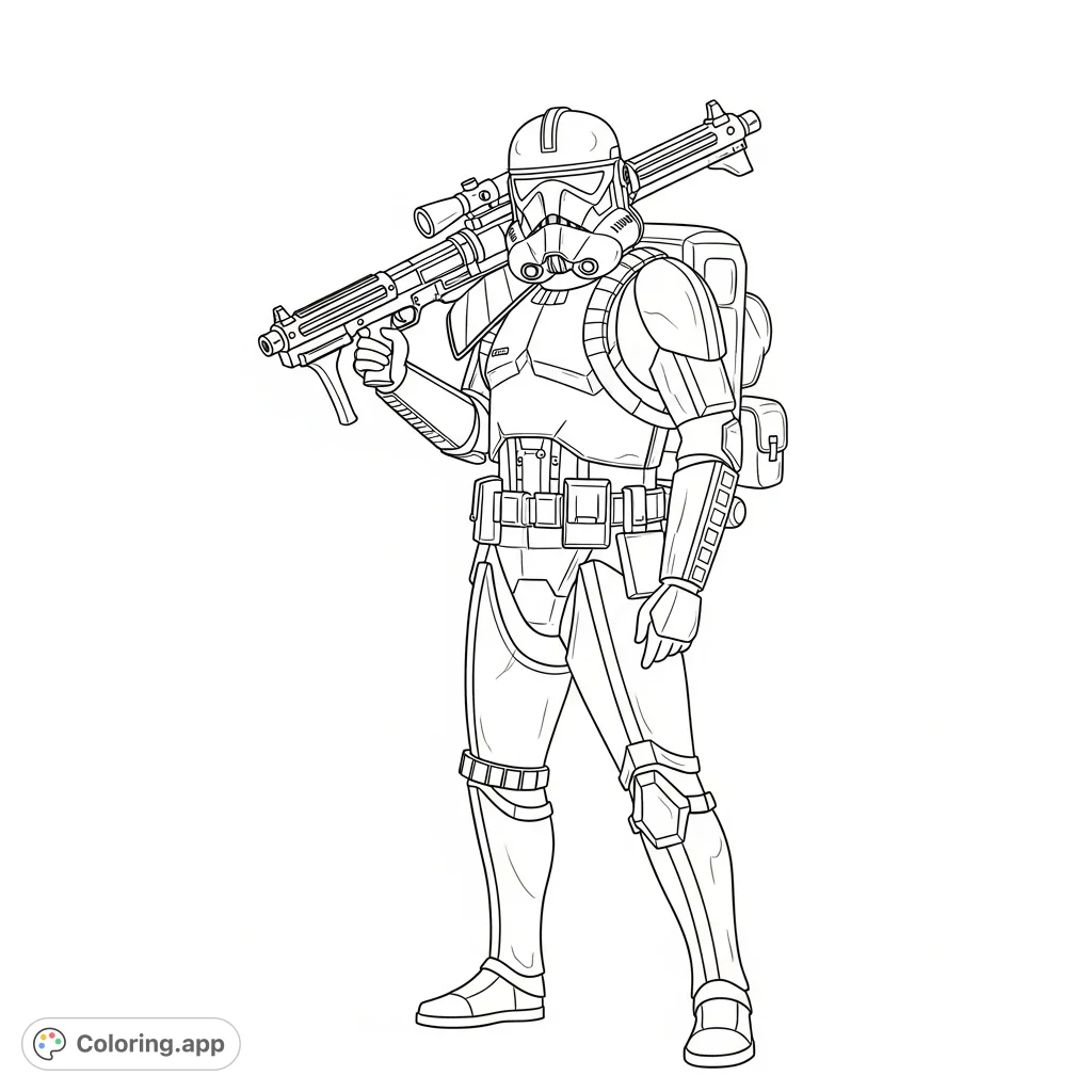 An imposing purge trooper stands ready, equipped with a DC-15 blaster rifle and a utility backpack, offering a challenging sci-fi coloring page.