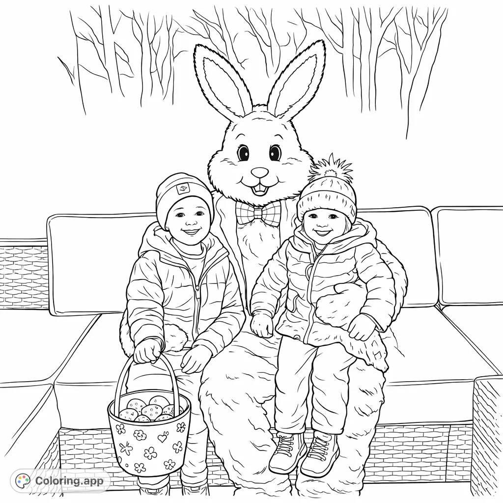 Join a cheerful bunny and two smiling children on a cozy sofa, surrounded by festive oval treats. A heartwarming scene perfect for celebrating a special time.