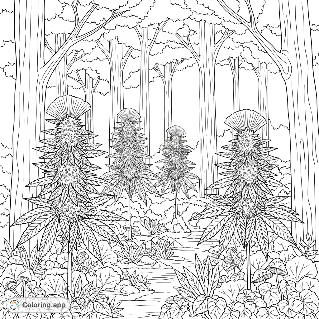 Explore a detailed cannabis woods coloring page featuring mature plants amidst a serene forest. Perfect for adults seeking a unique botanical escape.