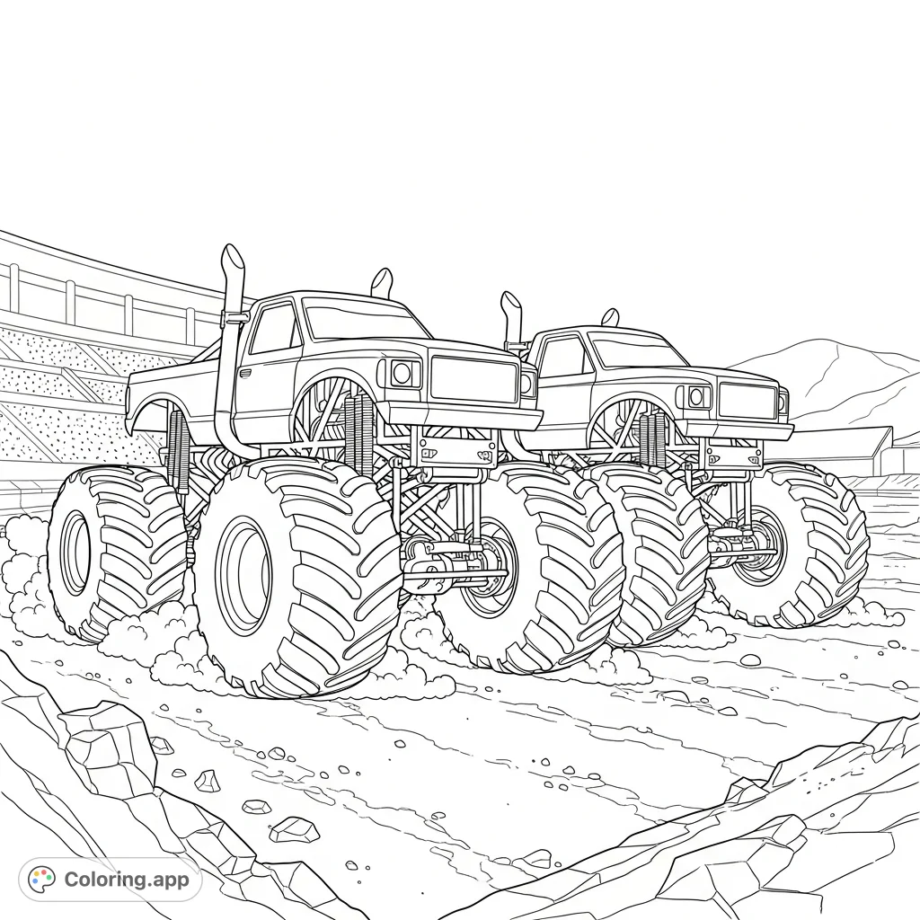 Roaring monster trucks stand side by side on a rugged dirt track, their massive tires and powerful forms ready for action. A thrilling monster truck coloring page for enthusiasts!