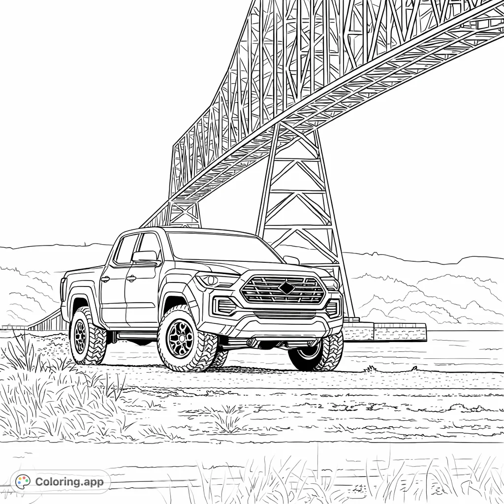 A powerful pickup truck parked beneath a grand, arching truss bridge, overlooking a wide expanse of water. A scene blending engineering marvels with outdoor adventure.