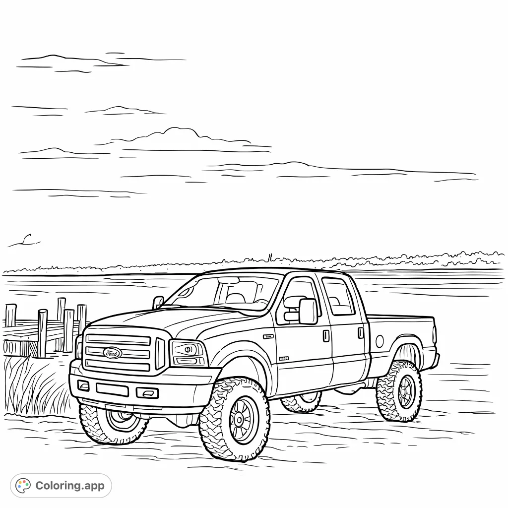 Color a powerful heavy-duty pickup truck parked by a serene river with a distant treeline and a cloudy sky. Perfect for vehicle enthusiasts and nature lovers.