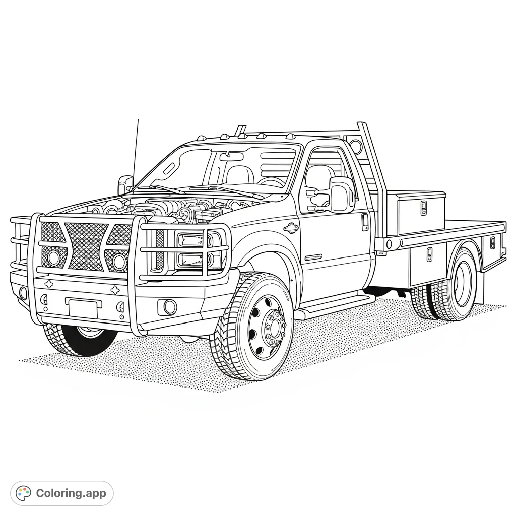 0 Power Stroke truck with a Bradford flatbed and Ranch Hand bumper, perfect for truck enthusiasts and detailed coloring fun.