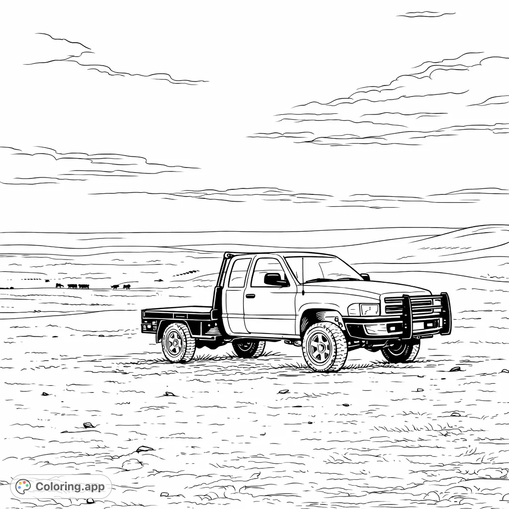 Color a powerful flatbed truck with large tires and a brush guard in an expansive, open field beneath a cloudy sky. Perfect for vehicle enthusiasts!