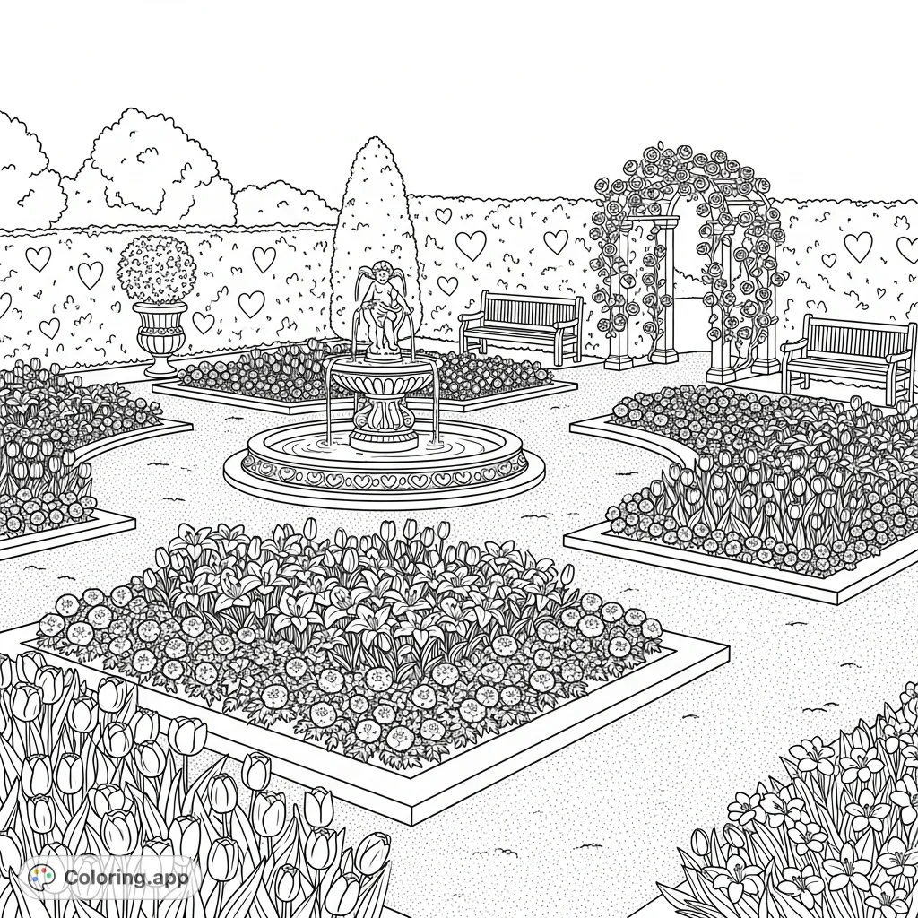 Discover a beautiful formal garden coloring page featuring symmetrical flowerbeds, an ornate cherub fountain, and elegant stone benches. A serene, detailed scene.