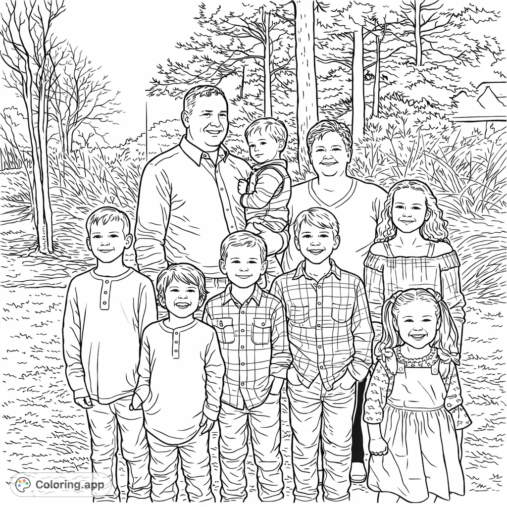 A delightful multi-generational family portrait featuring two adults and seven smiling children outdoors. This family coloring page is perfect for celebrating connections.