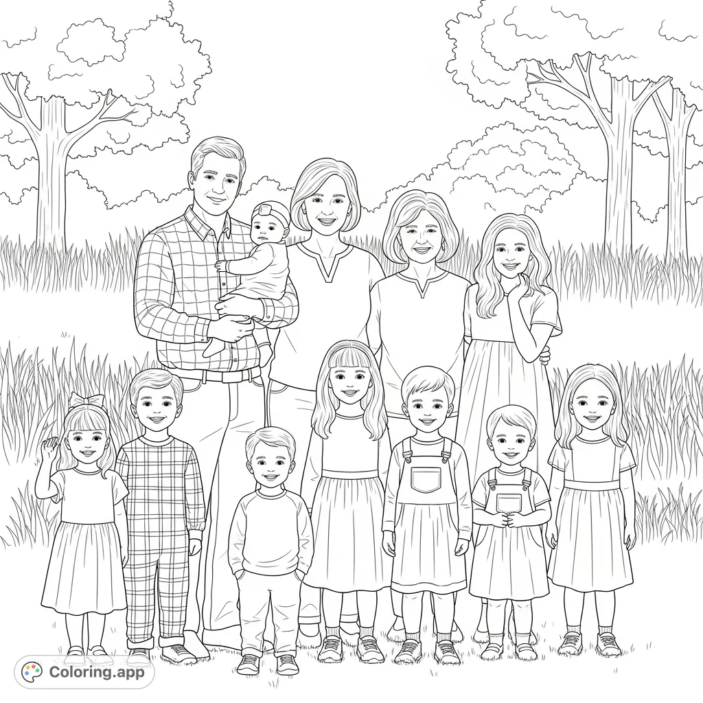 Capture a heartwarming multi-generational family moment outdoors. Features two adults, seven children, varied clothing, and natural foliage backdrop.
