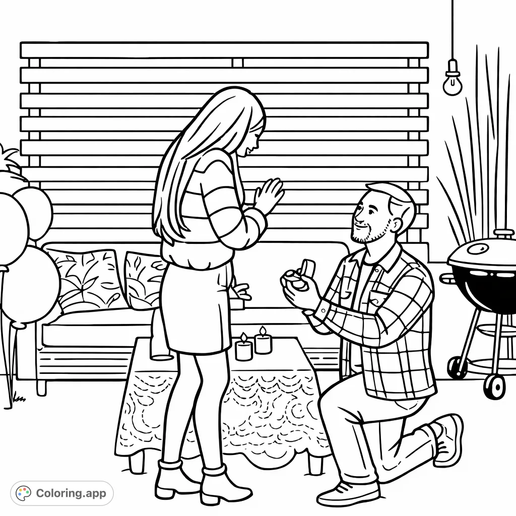 A heartwarming cartoony proposal scene with two figures, balloons, and candles. Perfect for celebrating love with simple lines.