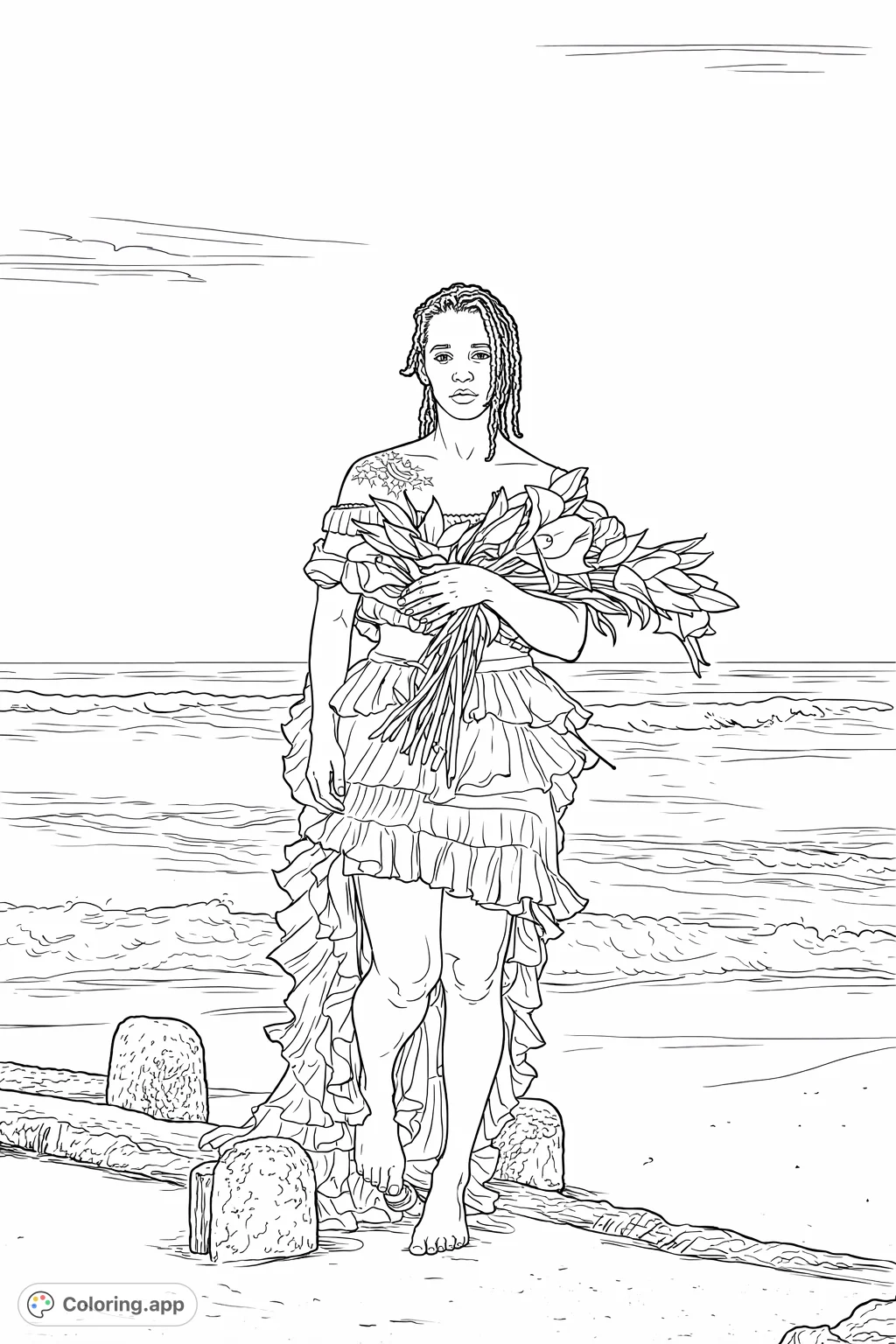 Discover a stunning coastal figure holding a grand bouquet, standing elegantly by the ocean waves. Features a flowing ruffled dress and intricate details ready for your artistic touch.