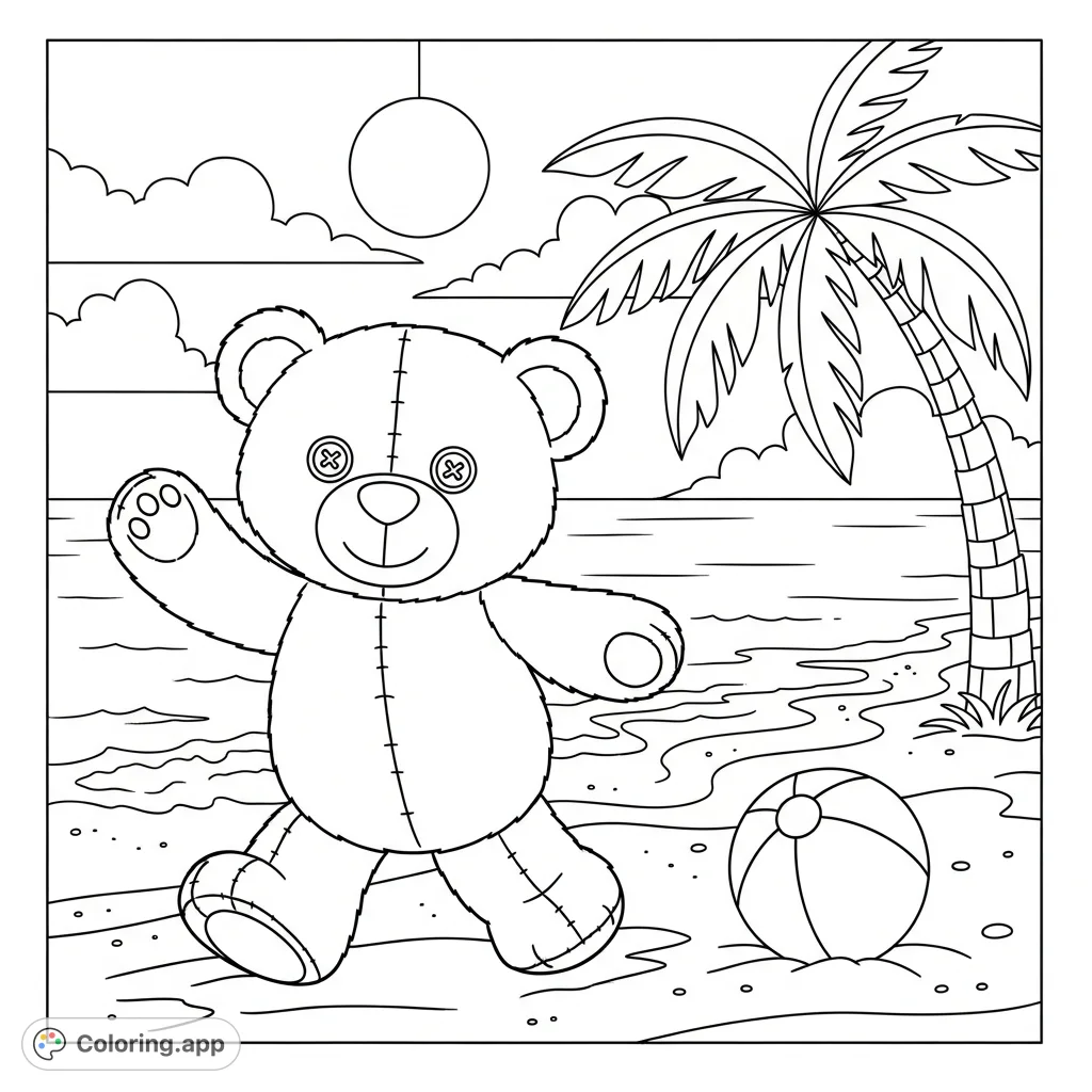 Join a cheerful teddy bear dancing on a sunny beach, complete with gentle waves, a swaying palm tree, and a playful beach ball. A delightful scene for all ages!