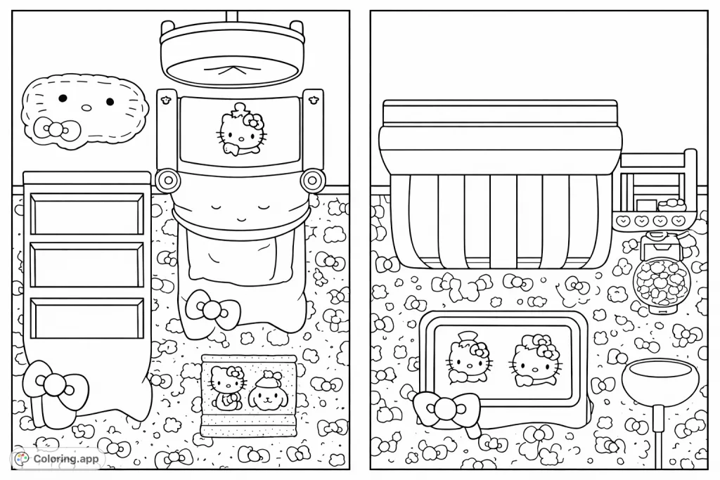 Explore two delightful Hello Kitty themed rooms filled with iconic characters, charming furniture, and playful patterns. A fun and whimsical coloring adventure awaits!