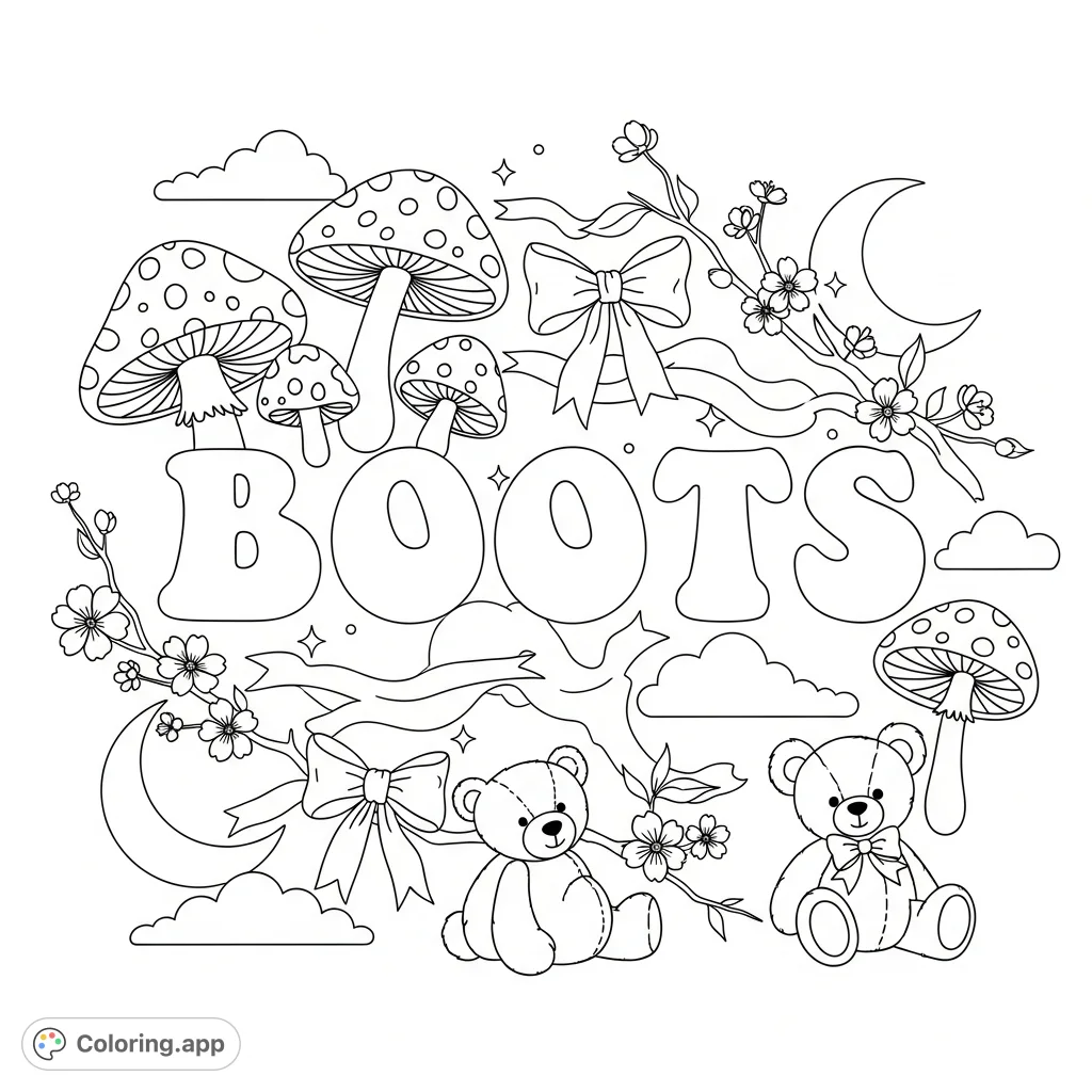 A delightful Boots coloring page featuring the name in bubble letters, surrounded by whimsical mushrooms, bows, teddy bears, cherry blossoms, moons, and fluffy clouds.