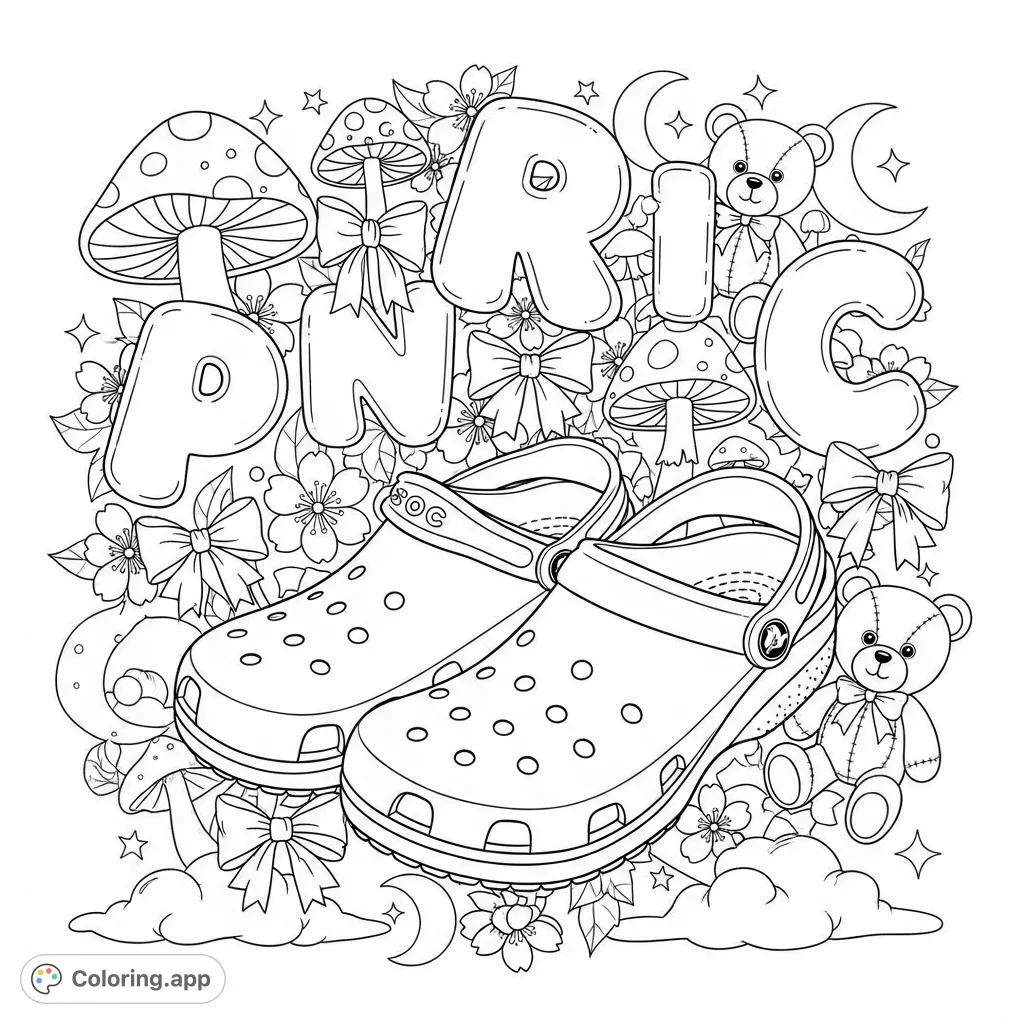 A delightful Crocs coloring page featuring a pair of iconic Crocs surrounded by playful bubble letters, mushrooms, bows, teddy bears, cherry blossoms, and clouds.