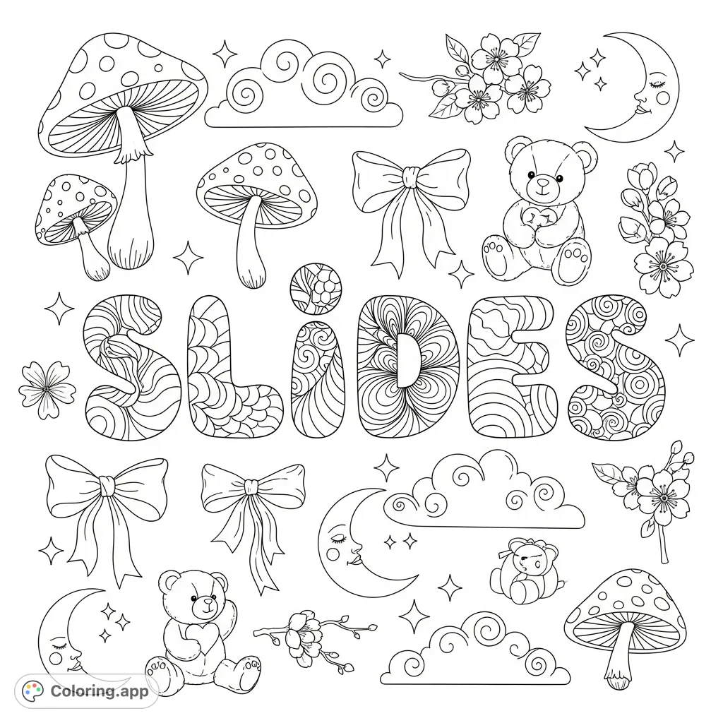 A delightful "Slides" bubble letter coloring page, adorned with charming mushrooms, bows, teddy bears, cherry blossoms, moons, and fluffy clouds.