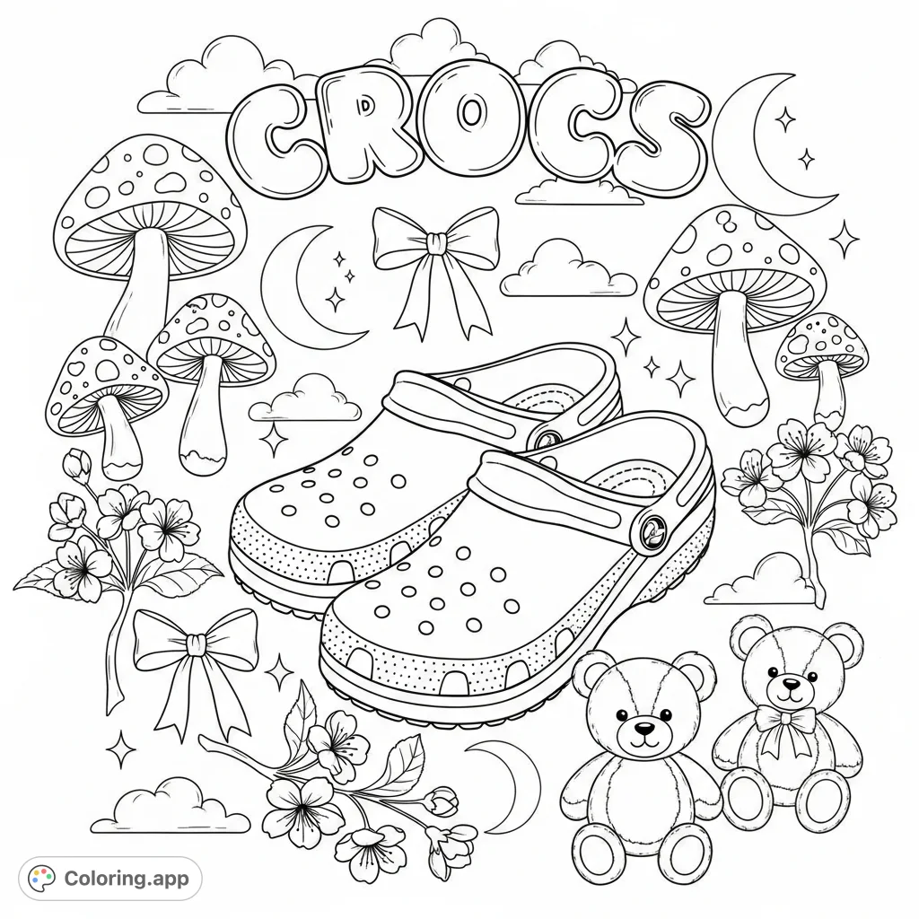 A delightful Crocs coloring page featuring playful bubble letters and a whimsical assortment of mushrooms, bows, teddy bears, cherry blossoms, moons, and fluffy clouds.