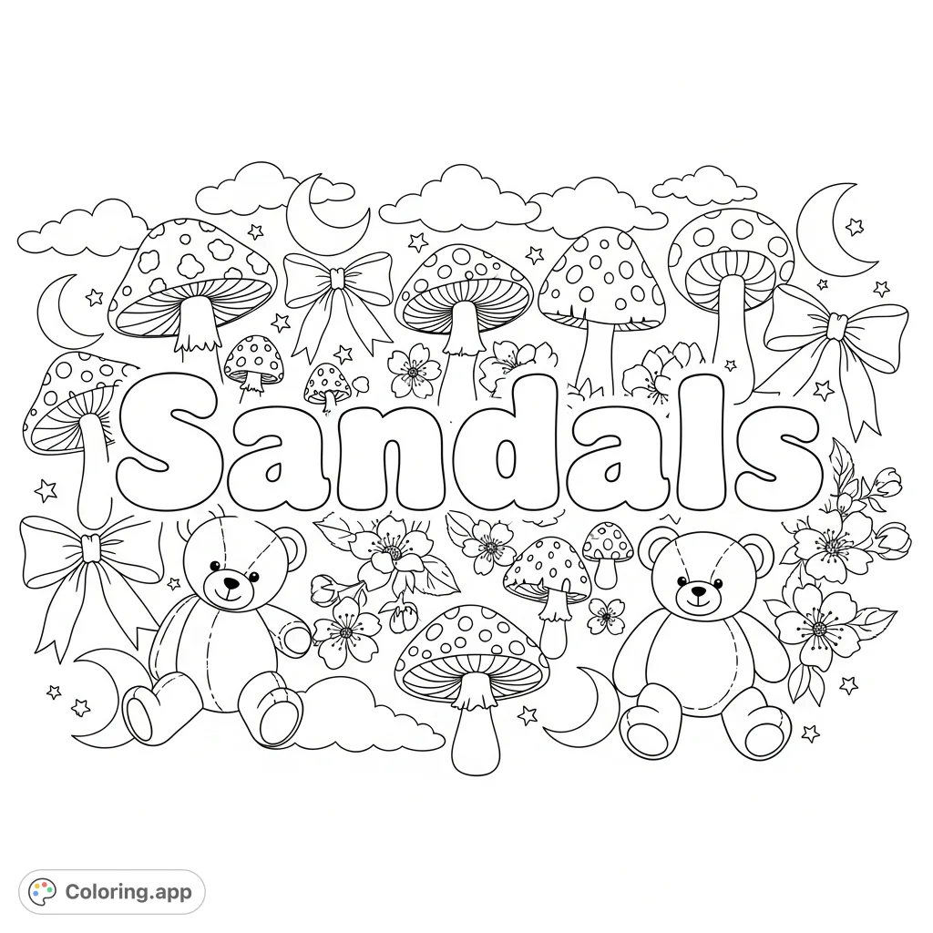 A delightful Sandals coloring page featuring bubble letters surrounded by charming mushrooms, bows, teddy bears, cherry blossoms, moons, and fluffy clouds, perfect for imaginative coloring.