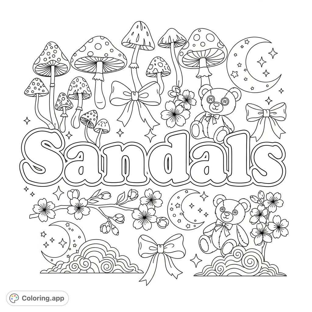 Color a delightful Sandals coloring page featuring bubble letters surrounded by charming mushrooms, bows, teddy bears, cherry blossoms, moons, and fluffy clouds.