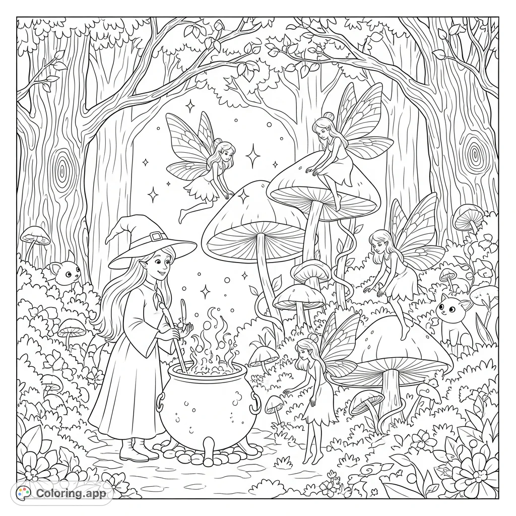 Explore an enchanting magical forest coloring page featuring friendly witches, graceful fairies, bubbling cauldrons, and mystical creatures among ancient trees.