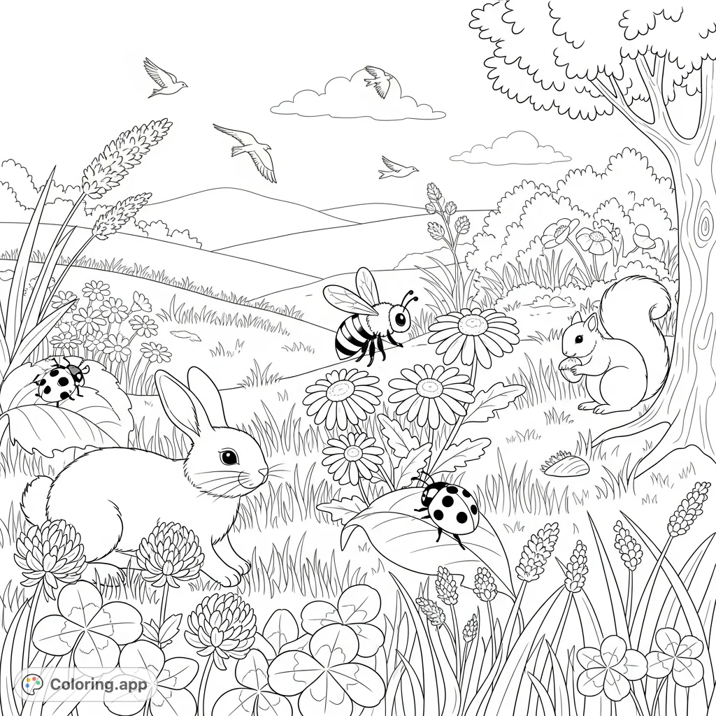 Explore a vibrant meadow teeming with charming small animals and an abundance of beautiful wildflowers, perfect for a peaceful coloring adventure.