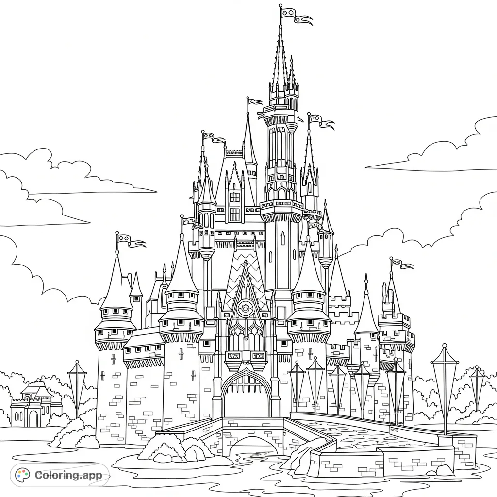 Color the iconic Cinderella Castle from Magic Kingdom, Walt Disney World! A majestic scene with towering spires, a grand bridge, and a peaceful moat.