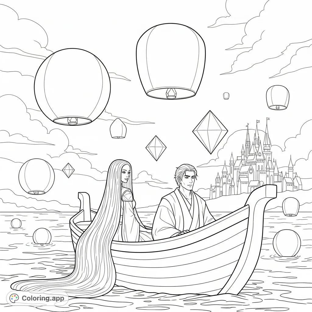 A serene boat scene with countless floating lanterns ascending into the night sky, overlooked by a grand castle. An enchanting and easy coloring page.