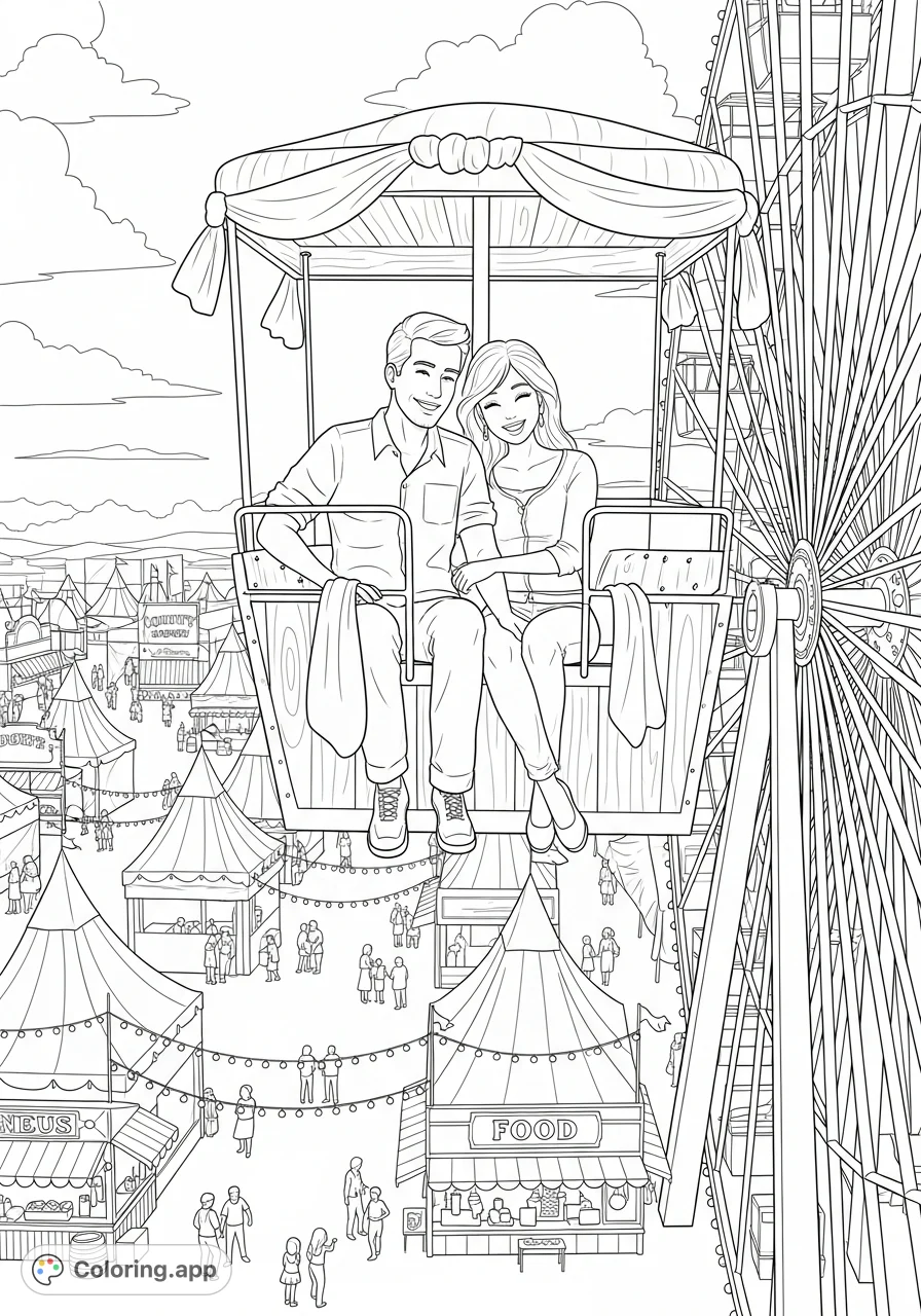 A joyful man and woman share a moment on a grand Ferris wheel, overlooking a bustling county fair filled with tents, stalls, and festive lights.