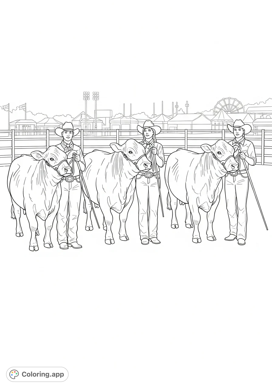 Experience the excitement of a county fair cattle show! Three adults in western outfits present their bovine animals in a detailed showring scene.