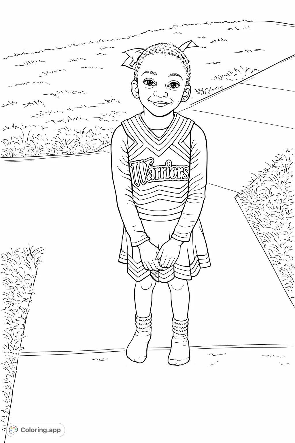 A cheerful child in a detailed cheerleader uniform, ready for fun. Perfect for celebrating school spirit and sports enthusiasm.