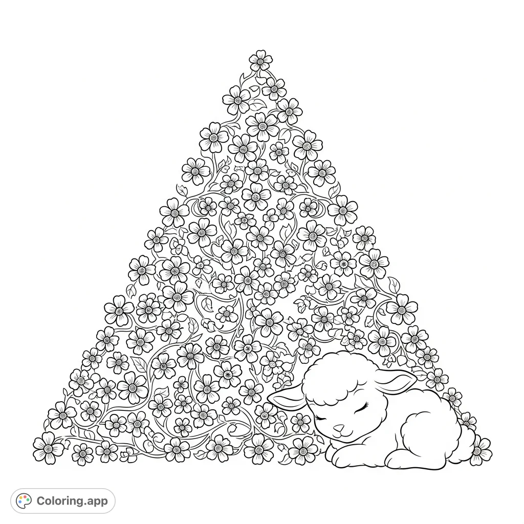 Discover a charming floral triangle coloring page featuring delicate flowers, winding vines, and an adorable baby spring animal.