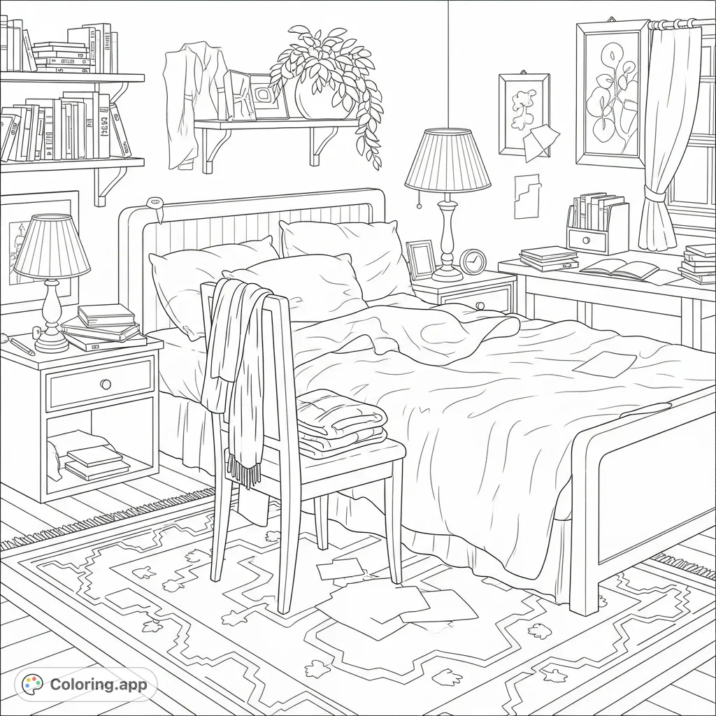 Explore a cozy, lived-in bedroom scene. This detailed coloring page features a rumpled bed, cluttered desk, and draped clothes, perfect for creative expression.
