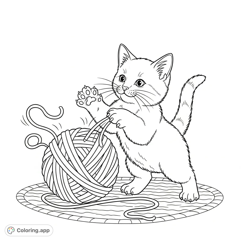 A charming kitten leaps joyfully onto a ball of yarn, its paws and tail expressive. Perfect for a delightful coloring experience for all ages.