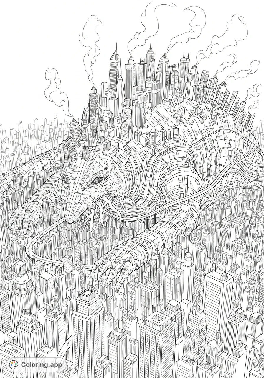 Explore a unique futuristic cityscape coloring page, where the urban sprawl transforms into a colossal, sleeping monster, breathing steam from its intricate vents.