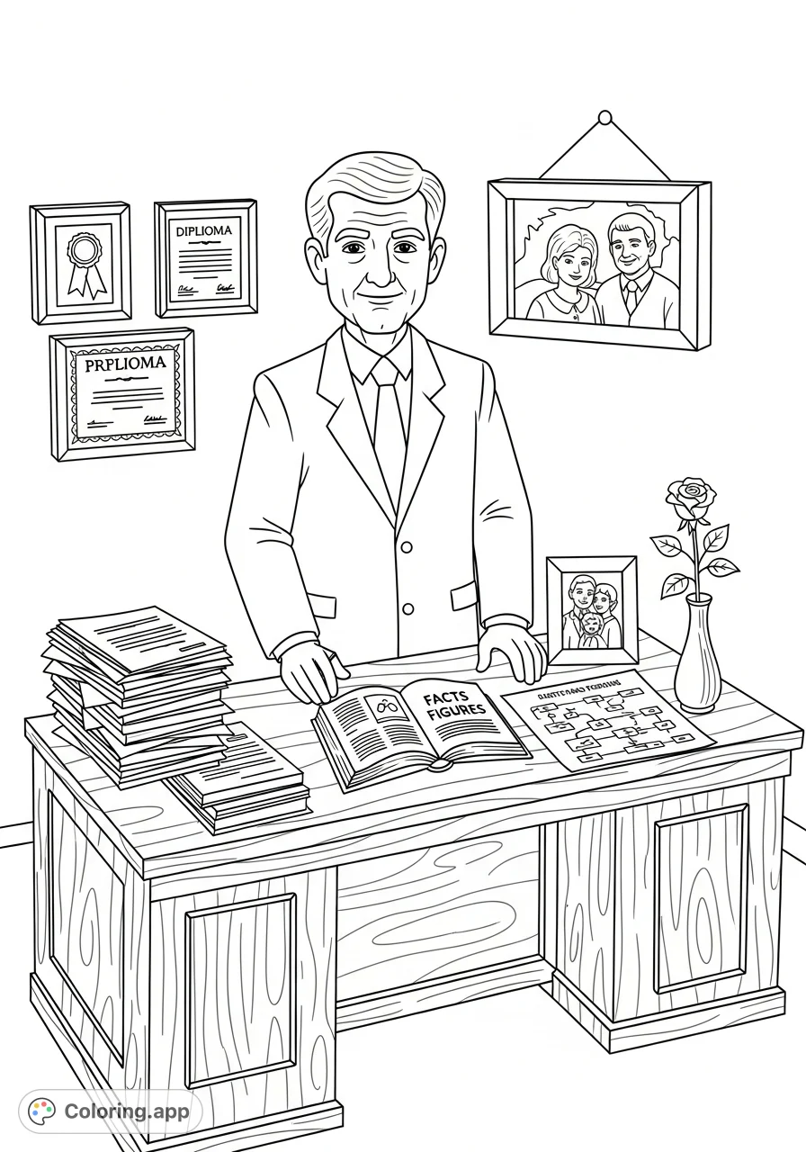 Color a distinguished professor in a detailed study, surrounded by scholarly achievements and personal mementos. A thoughtful scene for mindful coloring.