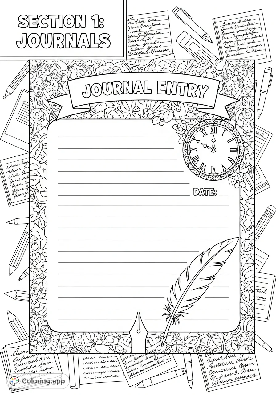 Explore a beautifully structured journal section with ornate borders, writing space, and a unique clock motif. Perfect for mindful coloring and creative expression.