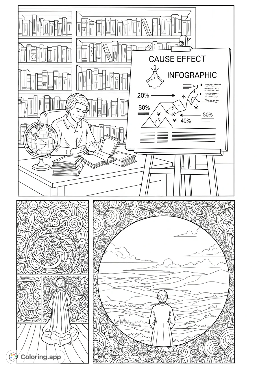 Explore a tranquil library with ancient texts, a detailed infographic, and a contemplative figure gazing at a serene landscape with a swirling pattern.