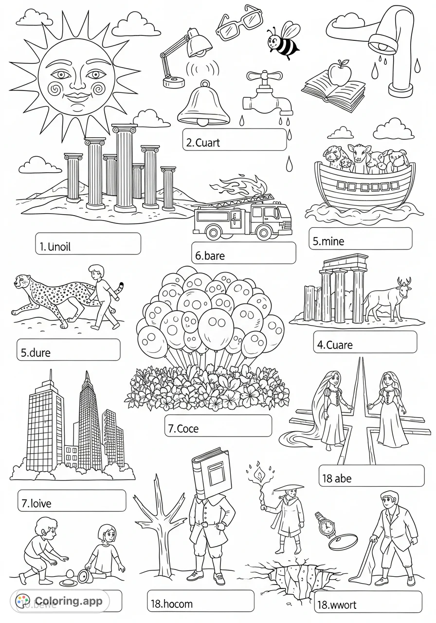 Explore a whimsical landscape where peculiar elements converge: a burning fire truck, a scholar with a book for a head, Hamlet and Rapunzel, and more!