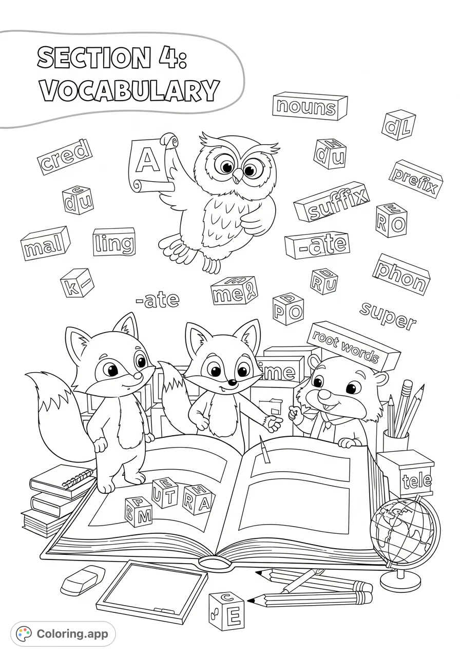 A delightful coloring page featuring cartoon creatures, a giant book, and letter blocks, perfect for sparking imagination and learning.