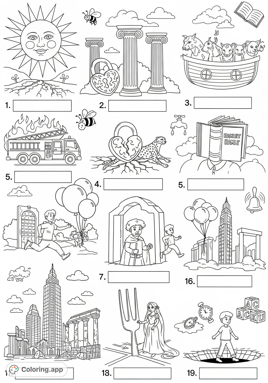 Explore a whimsical coloring page featuring a beaming sun, iconic characters, fantastical scenes, and intricate details in a surreal, dreamlike landscape.