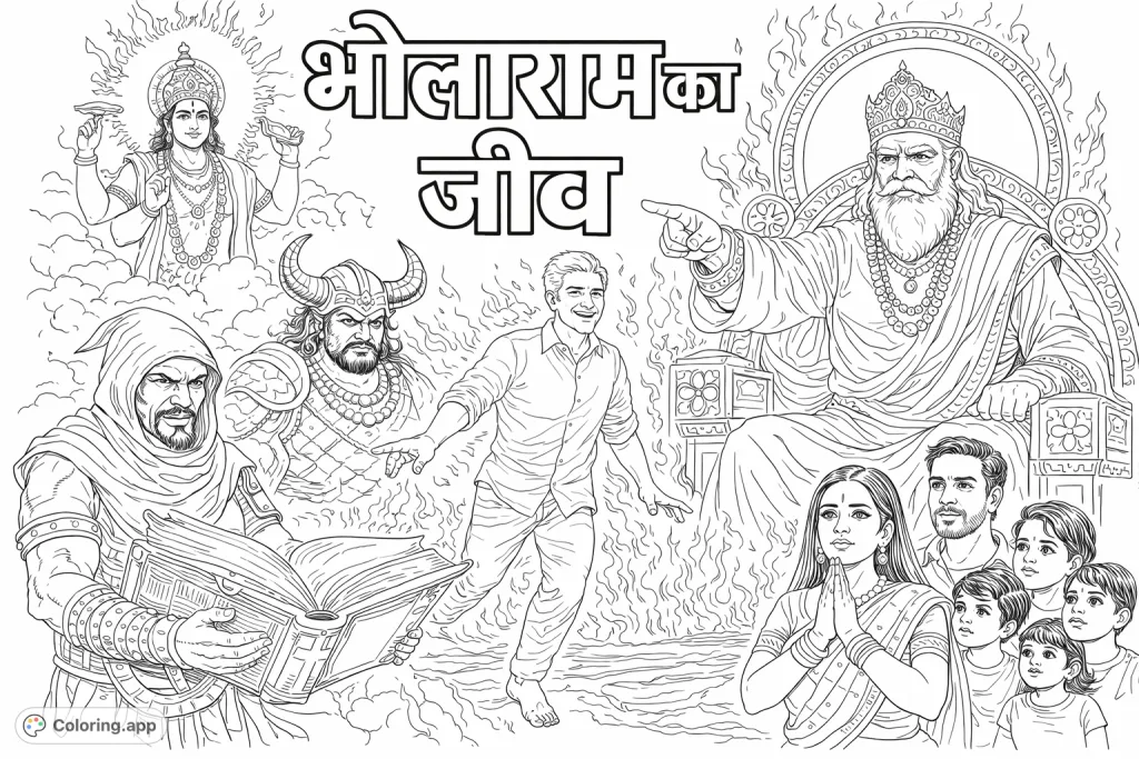 An epic mythological coloring page featuring deities, celestial beings, and a family observing a soul's journey. Intricate details invite imaginative coloring for a spiritual narrative.