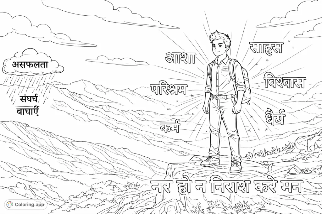 An inspirational coloring page depicting a young man on a mountain peak, symbolizing resilience and triumph over challenges with hope and perseverance.