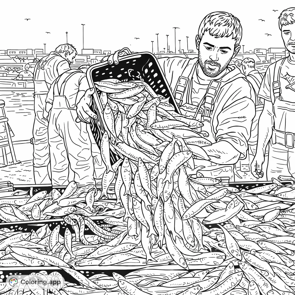 Capture the energy of a bustling dock as a fisherman unloads a massive haul of fish. A detailed scene of maritime life and a plentiful harvest.